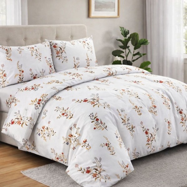 Lenjerie de pat bumbac 100% Donna Bleu cu flori si frunze bej Deluxe Pucioasa