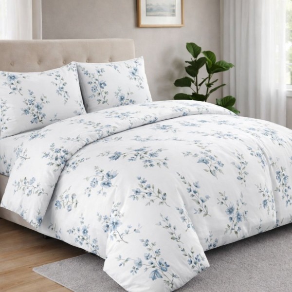 Lenjerie de pat bumbac 100% Donna Bleu cu flori si frunze bleu Deluxe Pucioasa