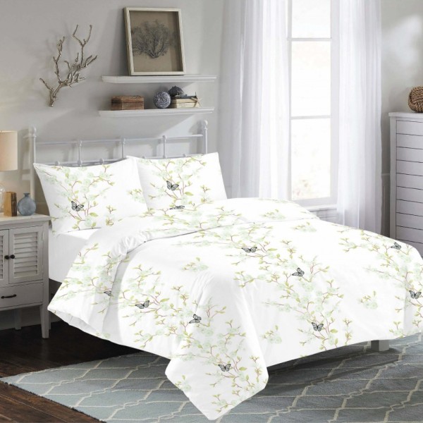 Lenjerie pat dublu bumbac 100% 4 piese Vallerossa Lorena White, design floral delicat în verde și alb.