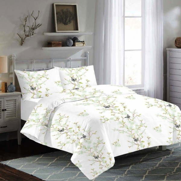 Lenjerie pat dublu bumbac 100% 4 piese Vallerossa Lorena White, design floral delicat în verde și alb.