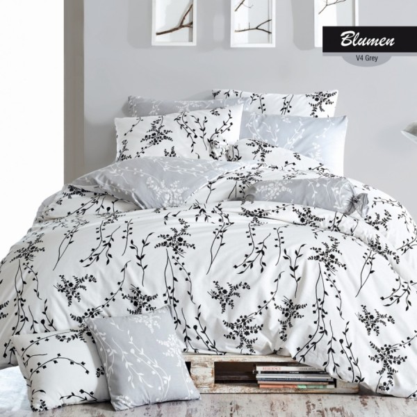 Lenjerie de pat din bumbac 100% ranforce, 6 piese, Bahar Home, Blumen Grey, design floral alb-negru.