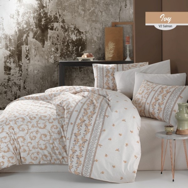 Lenjerie de pat cu design floral și geometric în nuanțe de somon și crem