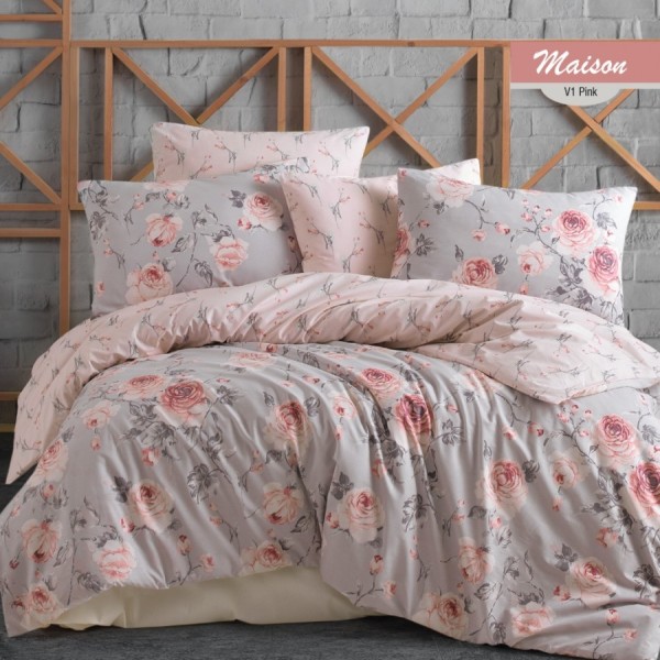 Lenjerie de pat cu design floral roz și gri pe fundal gri deschis și roz pal