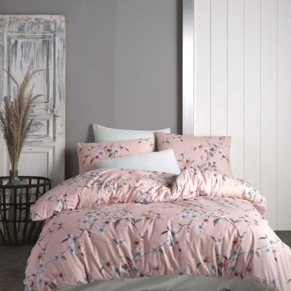 Lenjerie de pat dublu bumbac 100% ranforce cu design floral roz și alb, set de 6 piese