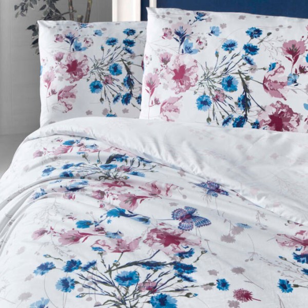 Lenjerie de pat dublu din bumbac ranforce cu model floral în nuanțe de albastru și roz pe fundal alb