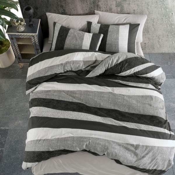 Lenjerie de pat dublu din bumbac 100% ranforce cu design modern în dungi gri și negre