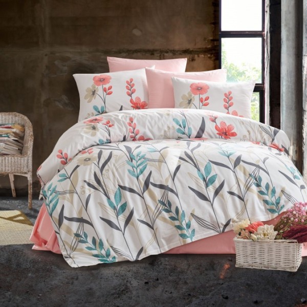 Lenjerie de pat dublu bumbac 100% ranforce Bahar Home Alfonso alb-roz-verde cu design floral