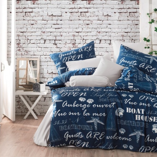 Lenjerie de pat dublu bumbac 100% ranforce Bahar Home Boat House albastru-alb cu motive nautice și texte
