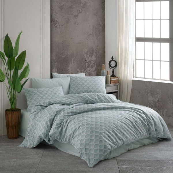 Lenjerie de pat Bahar Textile din bumbac 100% ranforce, set de 4 piese, cu design geometric verde deschis pe fundal alb