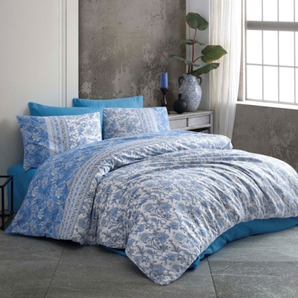 Lenjerie de pat dublu din bumbac 100% ranforce cu design floral în nuanțe de albastru și alb