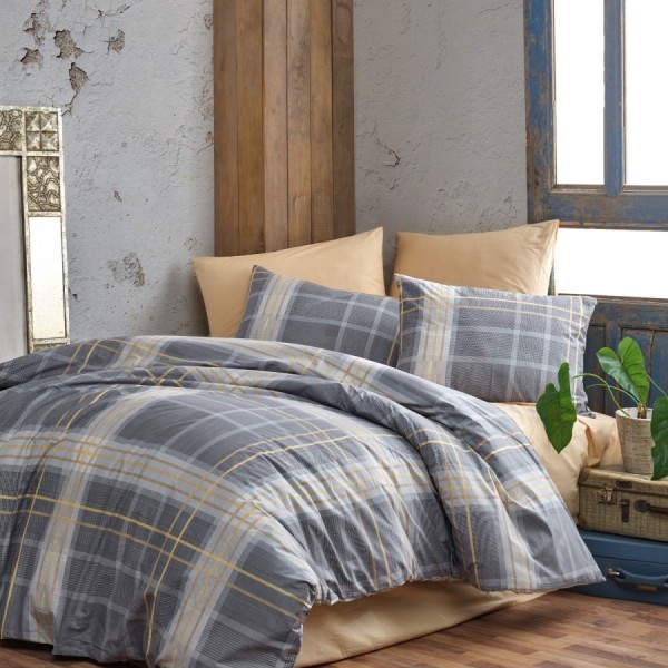 Lenjerie de pat dublu bumbac 100% ranforce Bahar Home Cross gri-galben cu design modern în carouri