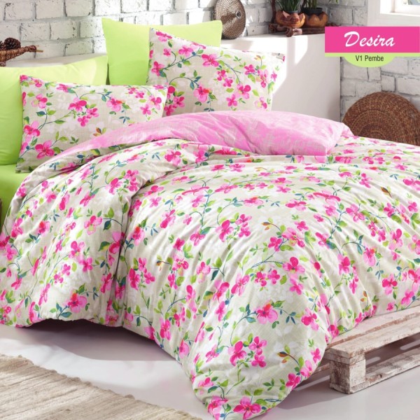 Lenjerie de pat Desira V1 Pembe din bumbac cu model floral roz și verde de la Bahar Textile