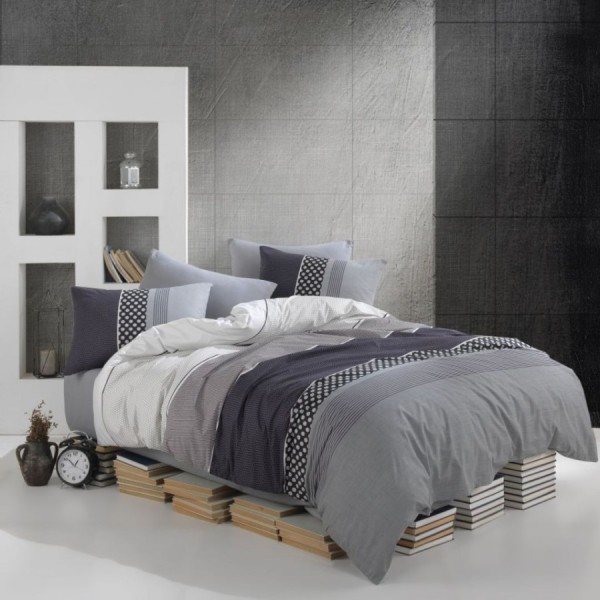 Lenjerie de pat din bumbac 100% ranforce gri-alb cu design geometric din colecția Bahar Home