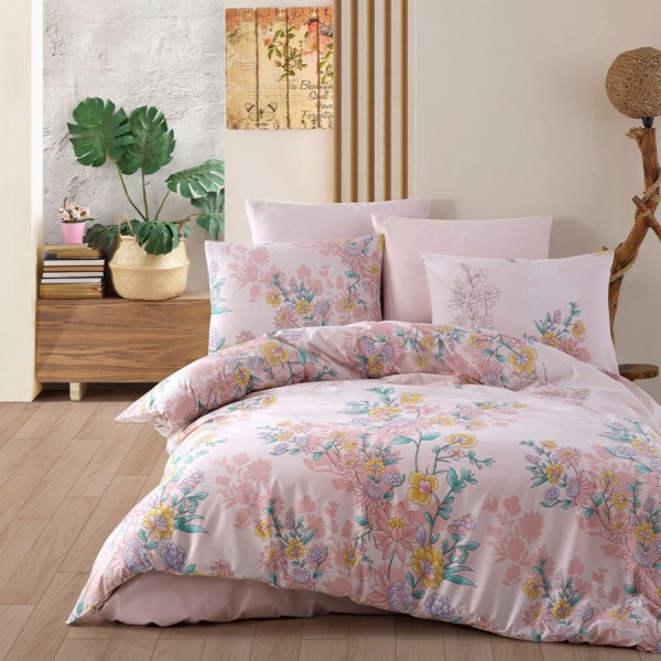 Lenjerie de pat Bahar Textile din bumbac 100% ranforce, set de 4 piese, cu design floral pastel pe fundal roz