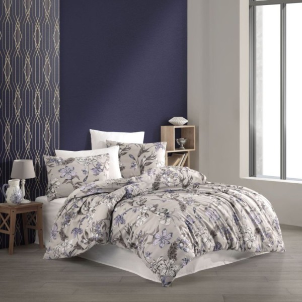 Lenjerie de pat din bumbac 100% ranforce floral lila-gri din colecția Bahar Home