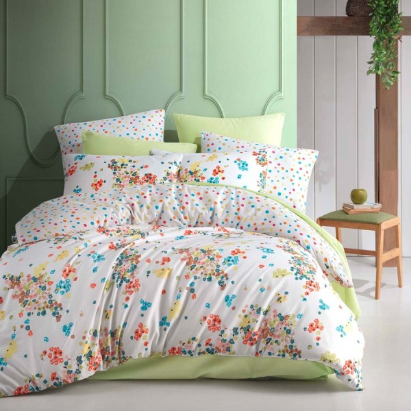Lenjerie de pat dublu cu design floral vibrant și buline colorate, bumbac 100% ranforce