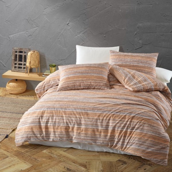 Lenjerie de pat din bumbac 100% ranforce cu design în dungi orizontale în nuanțe de maro și bej, decor rustic și cald