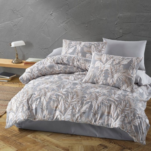 Lenjerie pat 6 piese bumbac ranforce gri cu frunze bej Bahar Home Garden