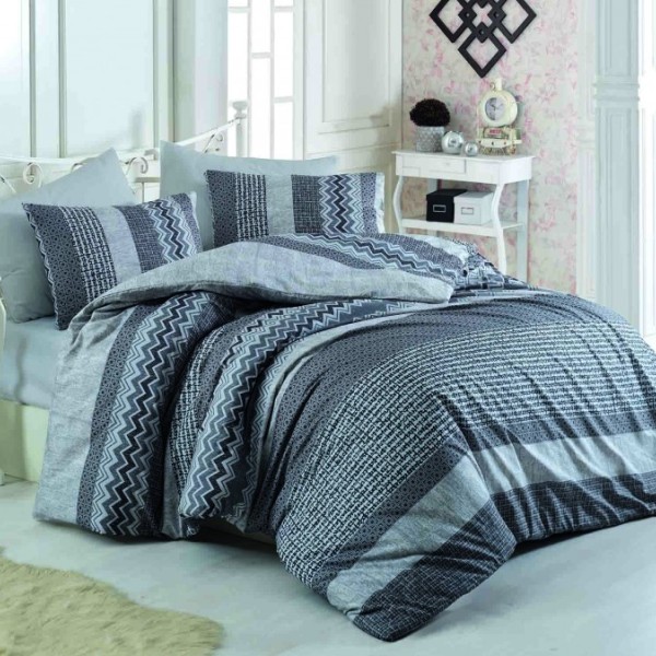 Lenjerie de pat dublu bumbac 100% ranforce Bahar Home Global gri-alb cu motive geometrice