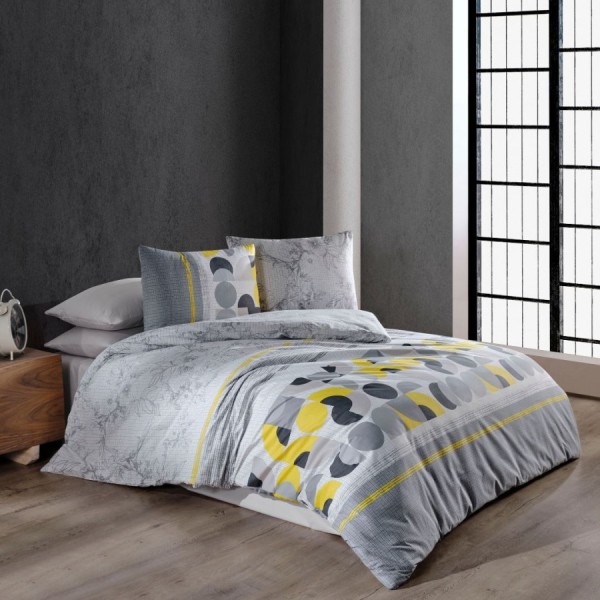 Lenjerie de pat din bumbac 100% ranforce cu design geometric în nuanțe de gri și galben, decor contemporan
