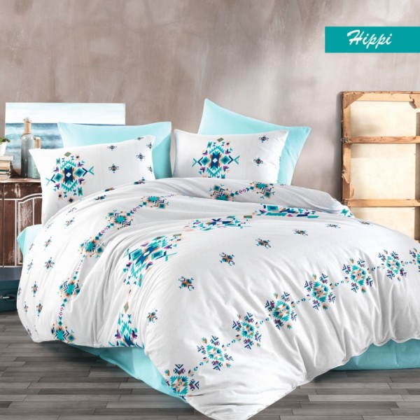 Lenjerie de pat Bahar Textile din bumbac 100% ranforce, set de 4 piese, cu design etnic multicolor pe fundal alb