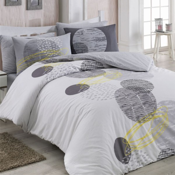 Lenjerie de pat dublu bumbac 100% ranforce Bahar Home Illusion gri-galben cu motive abstracte