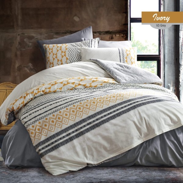 Lenjerie de pat din bumbac ranforce Bahar Textile, design cu motive geometrice galbene și gri pe fundal alb