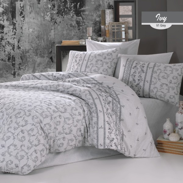 Lenjerie de pat Bahar Textile din bumbac ranforce cu design floral și geometric în nuanțe de gri