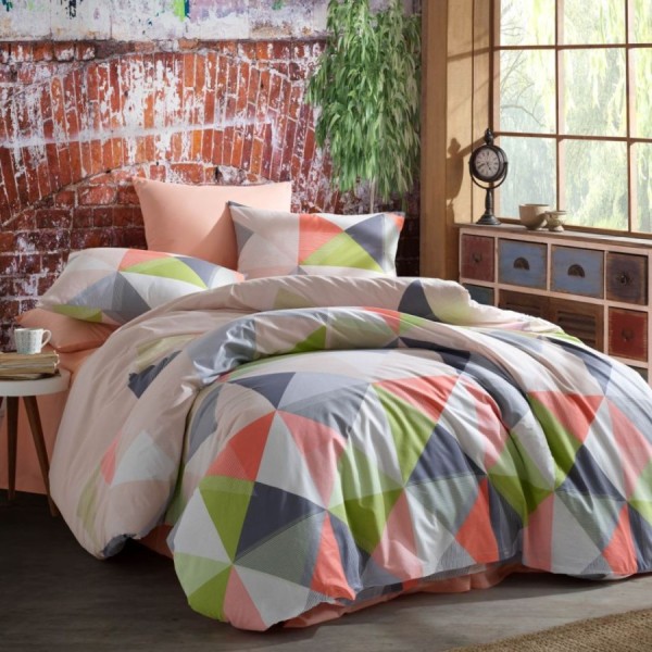 Lenjerie de pat Bahar Textile din bumbac 100% ranforce, set de 4 piese, cu design geometric multicolor pe fundal alb