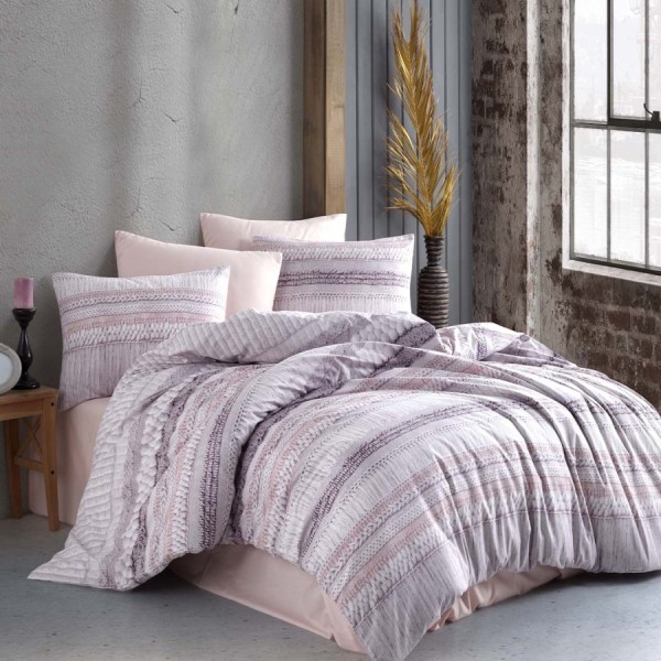 Lenjerie pat 6 piese bumbac ranforce lila cu dungi tricot Bahar Home Knit