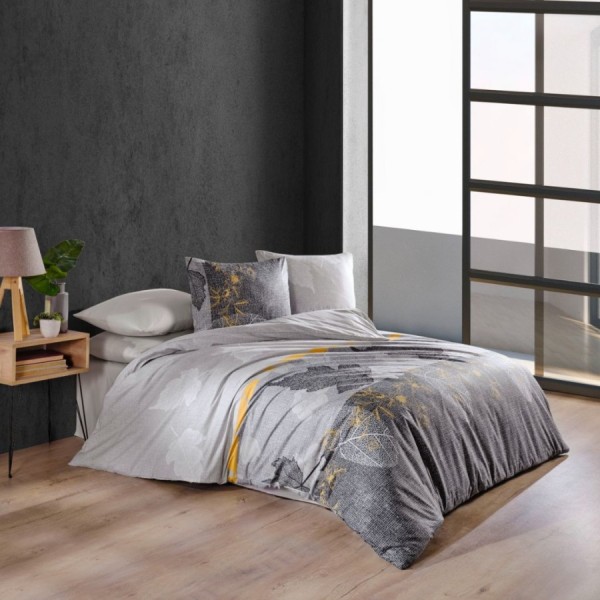 Lenjerie de pat Bahar Textile din bumbac 100% ranforce, design modern în gri, galben și alb, cu imprimeuri de frunze și linii geometrice
