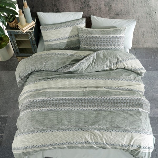 Lenjerie de pat dublu din bumbac 100% ranforce cu design elegant în nuanțe de verde și alb și modele geometrice delicate