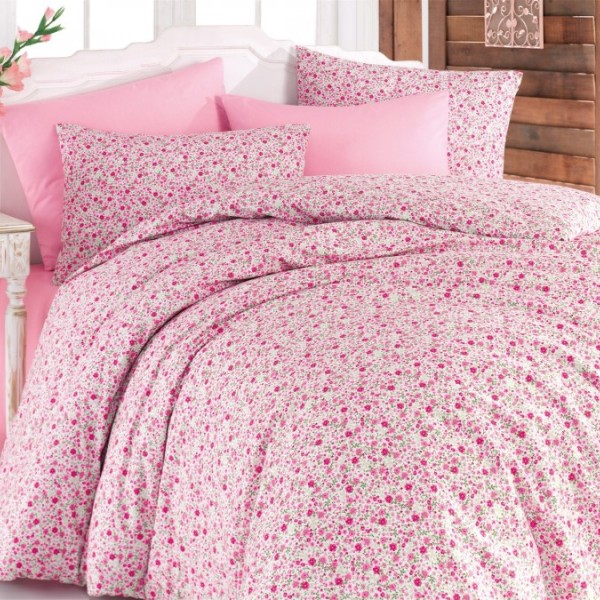 Lenjerie de pat dublu bumbac 100% ranforce Bahar Home Lily roz-alb cu motive florale