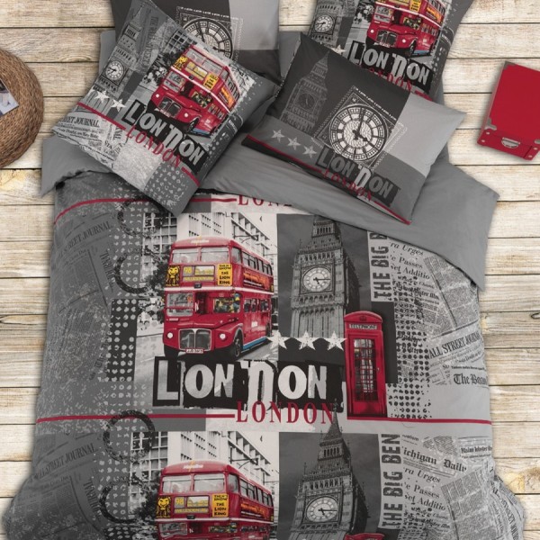 Lenjerie de pat dublu bumbac 100% ranforce Bahar Home London gri-roșu cu imagini emblematice din Londra
