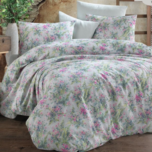 Lenjerie de pat dublu bumbac 100% ranforce Bahar Home Lucy alb-roz-verde cu design floral