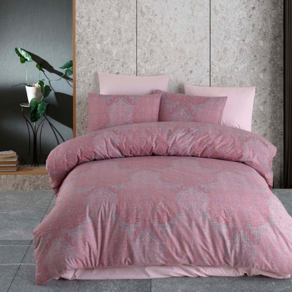 Lenjerie de pat din bumbac 100% ranforce model Luna Pink cu design floral în nuanțe de roz și gri