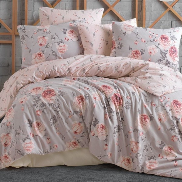 Lenjerie de pat Bahar Home Maison gri cu trandafiri roz din bumbac 100% ranforce 145 TC