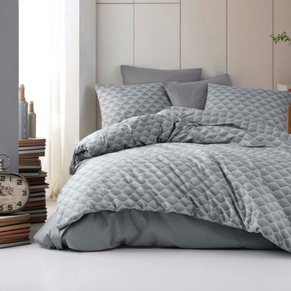 Lenjerie de pat dublu din bumbac 100% ranforce cu design modern și elegant în nuanțe de gri și model geometric matlasat