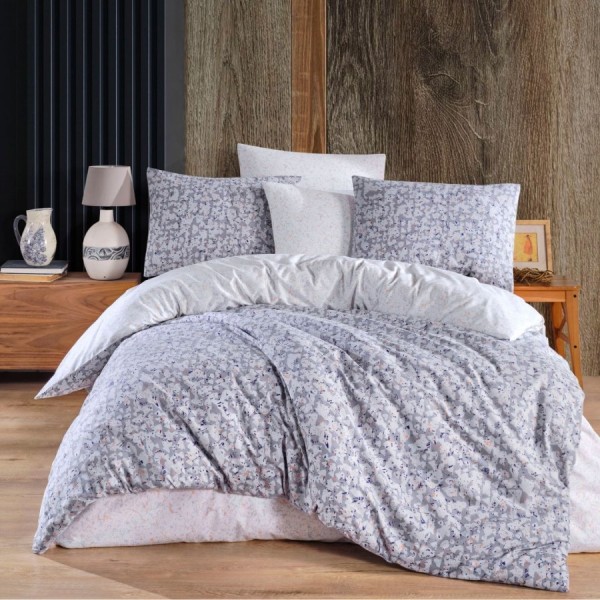 Lenjerie de pat din bumbac 100% ranforce cu model abstract în tonuri de gri și albastru, decor modern și elegant