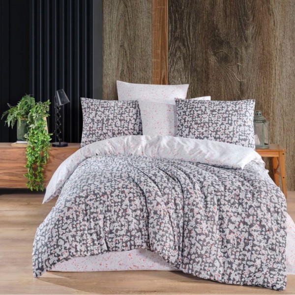 Lenjerie de pat din bumbac 100% ranforce cu model abstract în tonuri de gri și roz, decor modern și sofisticat