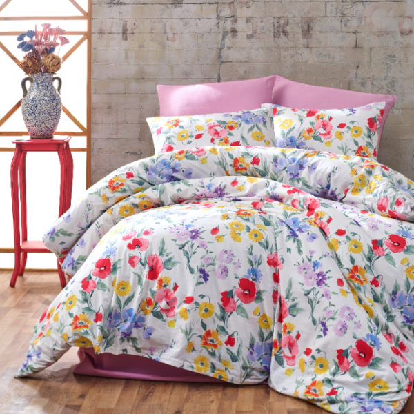 Lenjerie de pat dublu bumbac 100% ranforce Bahar Home Missy alb cu flori multicolore