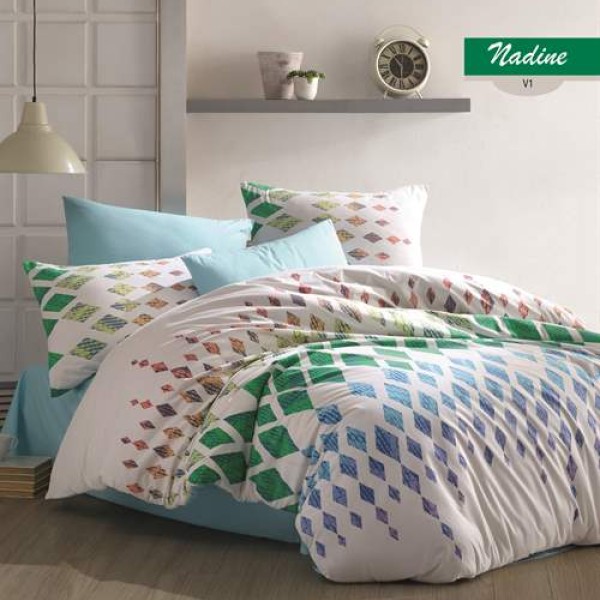 Lenjerie de pat Bahar Textile din bumbac ranforce cu design geometric multicolor în nuanțe de verde, albastru, roșu și galben
