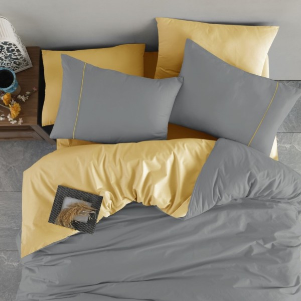 Lenjerie pat bumbac ranforce, galben si gri, Bahar Home Napoli.