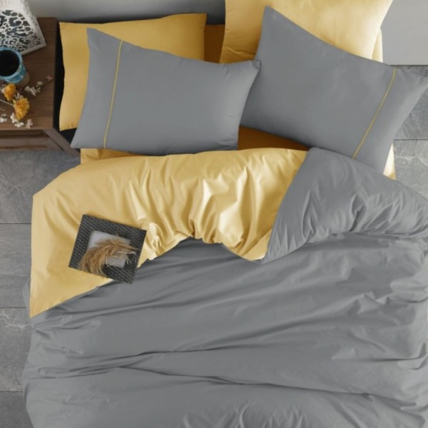 Lenjerie pat bumbac ranforce, galben si gri, Bahar Home Napoli.