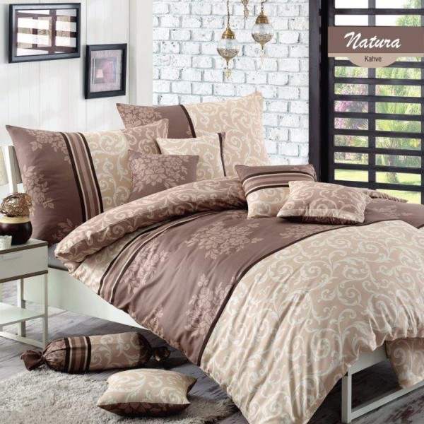Lenjerie de pat Ranforce Bahar Home Natura Brown maro și crem cu design elegant din bumbac