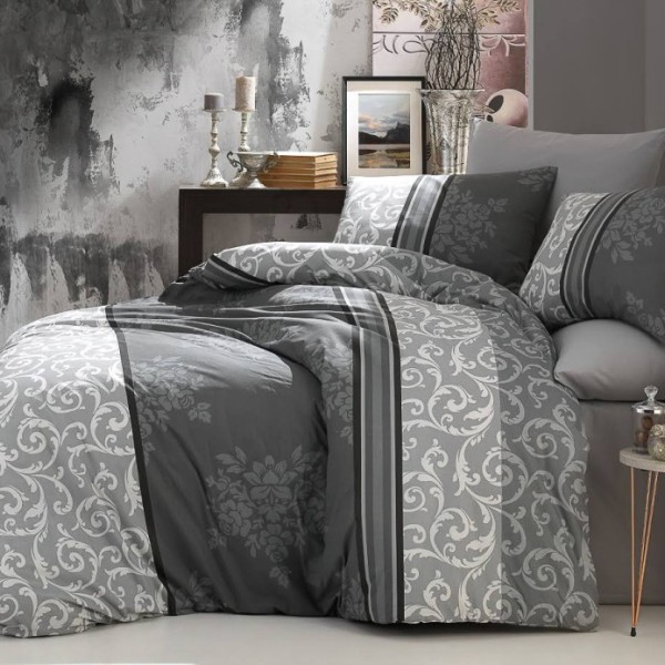 Lenjerie pat 6 piese bumbac ranforce gri imprimeu floral Bahar Home Natura