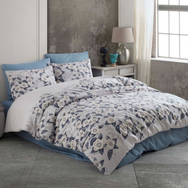 Lenjerie de pat dublu din bumbac 100% ranforce cu design floral în nuanțe de gri și albastru