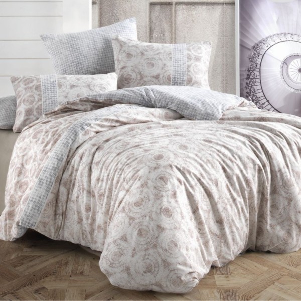 Lenjerie de pat dublu bumbac 100% ranforce cu design geometric maro și gri