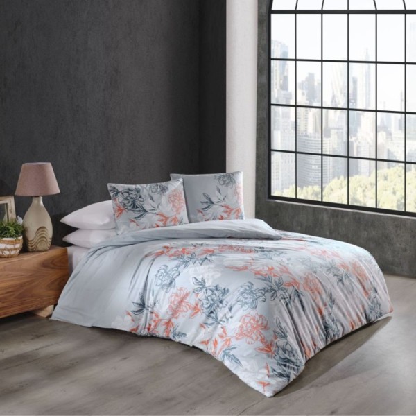 Lenjerie de pat din bumbac 100% ranforce gri cu design floral albastru și coral din colecția Bahar Home
