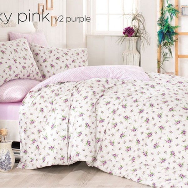 Lenjerie de pat dublu bumbac 100% ranforce Bahar Home Pinky Pink lila-alb cu motive florale